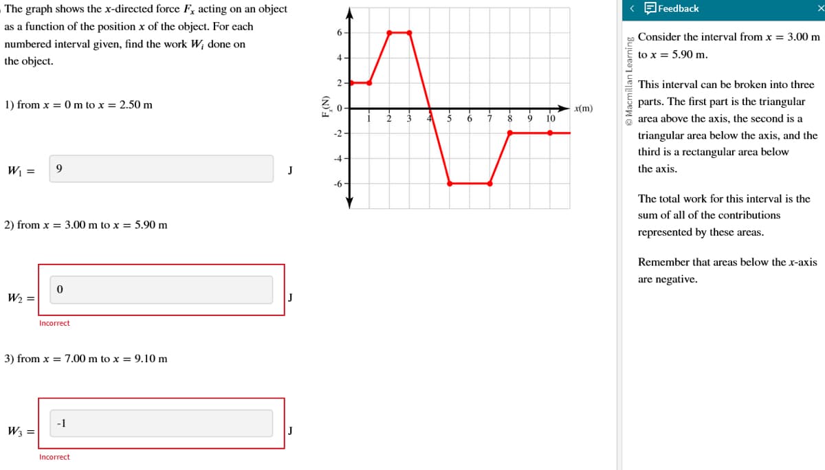 The graph shows the x-directed force F, acting on an object
as a function of the position x of the object. For each
numbered interval given, find the work W; done on
the object.
1) from x = 0 m to x = 2.50 m
W₁ = 9
2) from x = 3.00 m to x = 5.90 m
W₂ =
0
W₁ =
Incorrect
3) from x = 7.00 m to x = 9.10 m
-1
Incorrect
J
J
J
6
4
2
0
-2
-4
-6
2
3
4
5
6
7
8 9 10
x(m)
< Feedback
Ⓒ Macmillan Learning
Consider the interval from x = 3.00 m
to x = 5.90 m.
This interval can be broken into three
parts. The first part is the triangular
area above the axis, the second is a
triangular area below the axis, and the
third is a rectangular area below
the axis.
The total work for this interval is the
sum of all of the contributions
represented by these areas.
Remember that areas below the x-axis
are negative.