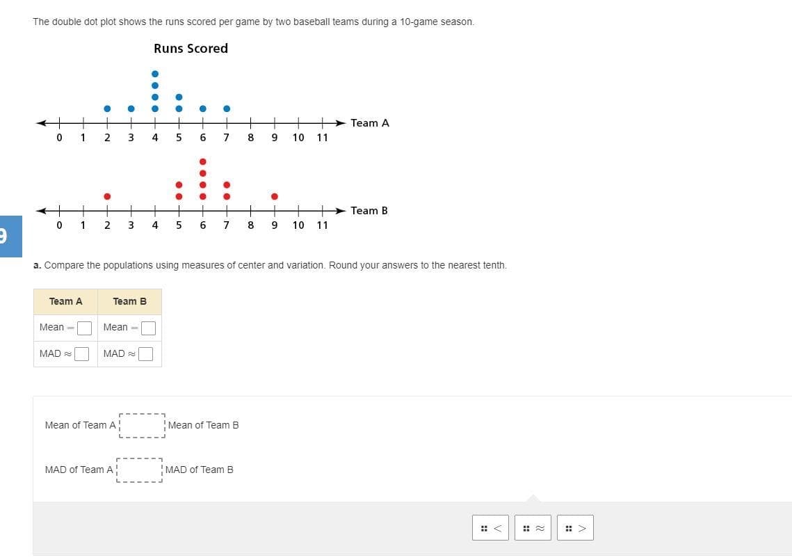 9
The double dot plot shows the runs scored per game by two baseball teams during a 10-game season.
Runs Scored
0 1
Team A
•
Mean =
2
MAD
•
•
3
Team B
MAD
Mean=
Mean of Team A
MAD of Team A!
•
4
+
01 2 3 4 5 6 7 8 9 10 11
5
●
6
a. Compare the populations using measures of center and variation. Round your answers to the nearest tenth.
7
8
Mean of Team B
9 10 11
MAD of Team B
●
Team A
Team B
::~
# >