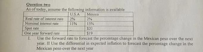 Question two
As of today, assume the following information is available
U.S.A
Mexico
Real rate of interest rate
Nominal interest rate
Spot rate
One year forward rate
I.
Use the forward rate to forecast the percentage change in the Mexican peso over the next
year. II Use the differential in expected inflation to forecast the percentage change in the
Mexican peso over the next year
2%
11%
2%
15%
$20
$19