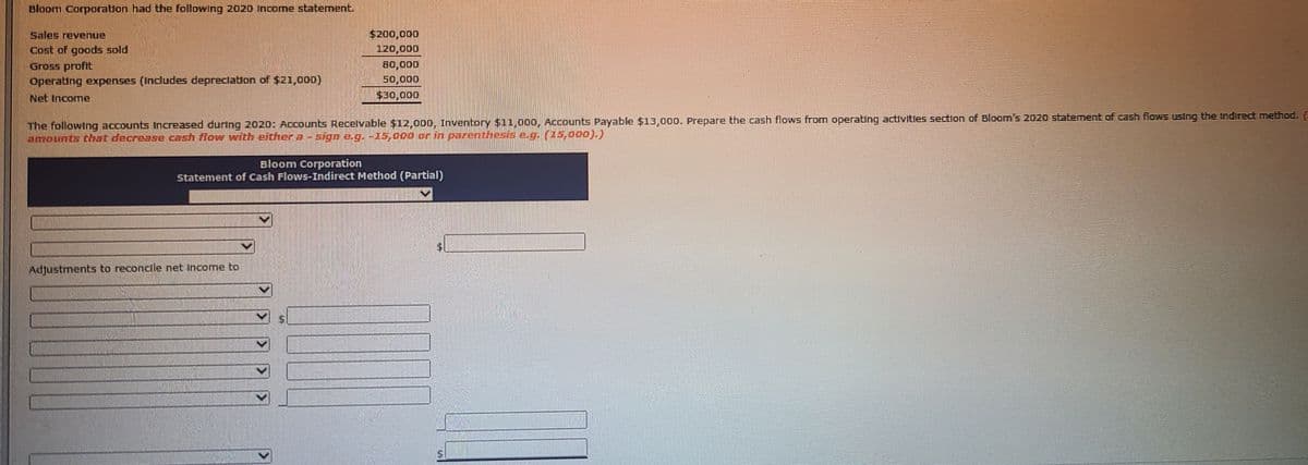 Bloom Corporation had the following 2020 income statement.
Sales revenue
Cost of goods sold
Gross profit
Operating expenses (Includes depreclation of $21,000)
$200,000
120,000
80,000
50,000
$30,000
Net Income
The followtng accounts Increased during 2020: Accounts Recelvable $12,000, Inventory $11,000, Accounts Payable $13,000. Prepare the cash flows from operating activitles section of Bloom's 2020 statement of cash flows using the Indirect method. (-
amounts hat decrease cash loe with eichers-sign e.g.-15,000 or in parenthesis e.g.(45,000).)
Bloom Corporation
Statement of Cash Flows-Indirect Method (Partial)
Adjustments to reconctle net Income to
