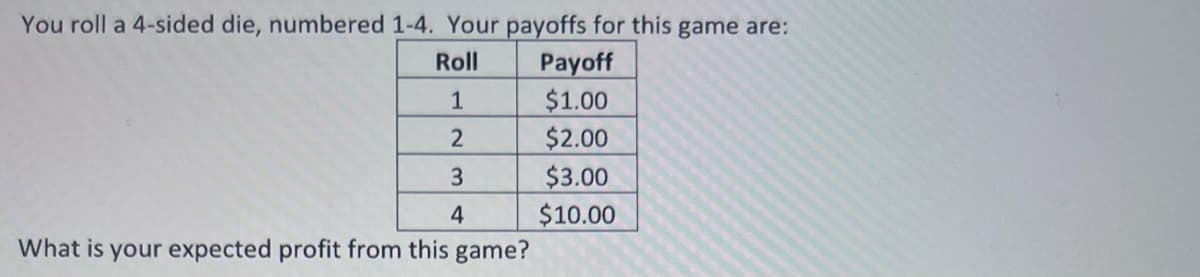 You roll a 4-sided die, numbered 1-4. Your payoffs for this game are:
Roll
1
2
3
4
What is your expected profit from this game?
Payoff
$1.00
$2.00
$3.00
$10.00