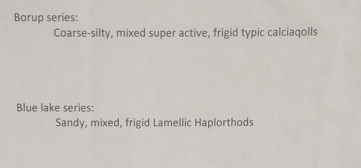 Borup series:
Coarse-silty, mixed super active, frigid typic calciaqolls
Blue lake series:
Sandy, mixed, frigid Lamellic Haplorthods