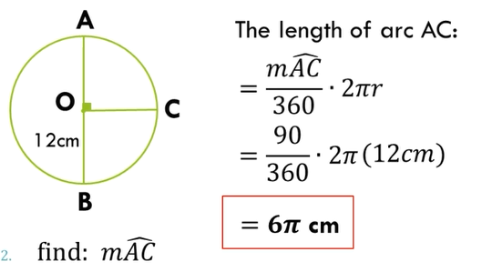 A
The length of arc AC:
mAC
2tr
360
90
2п (12ст)
360
12cm
%3D
В
= 6T cm
2. find: mĀC
