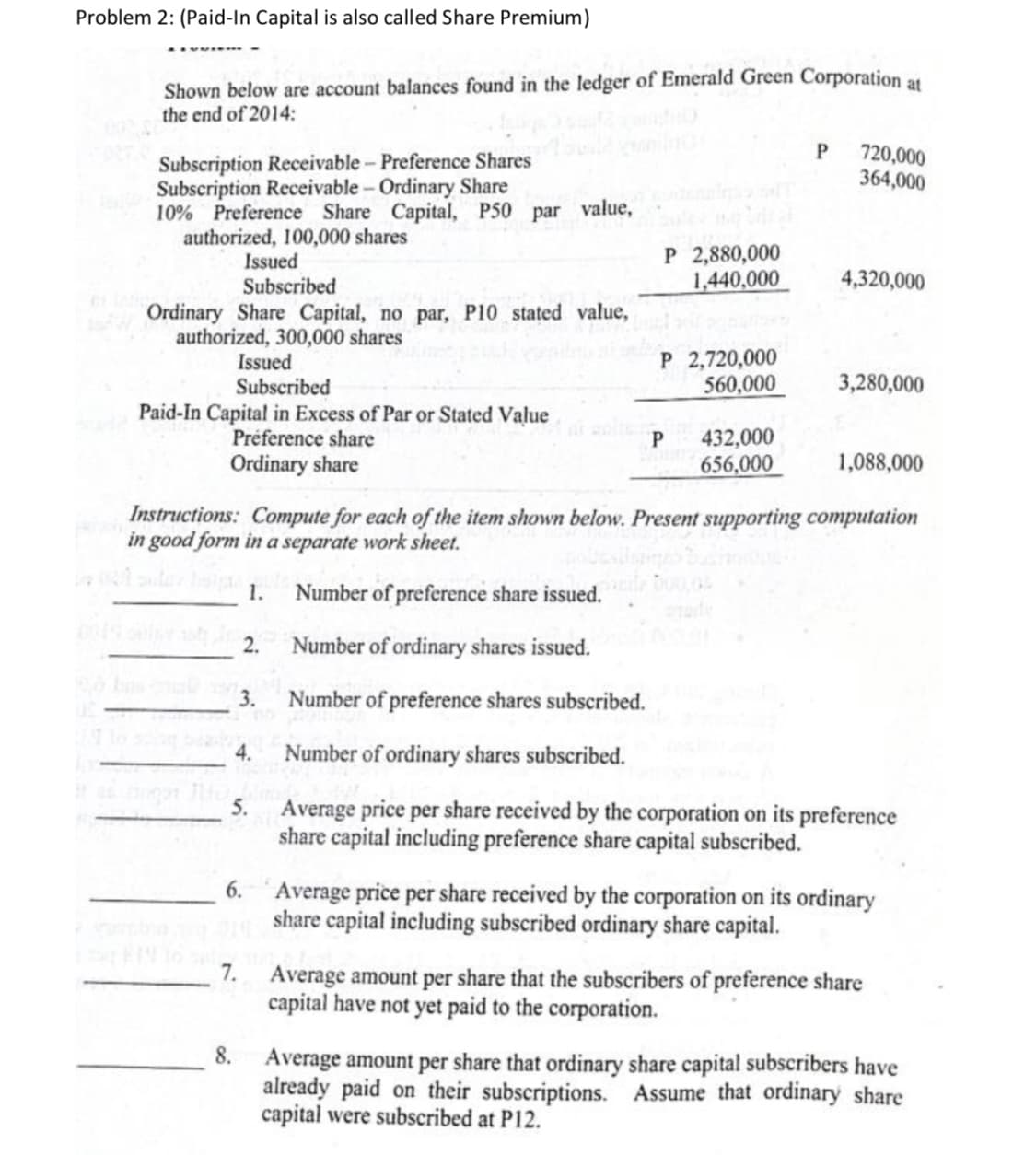 Problem 2: (Paid-In Capital is also called Share Premium)
Shown below are account balances found in the ledger of Emerald Green Corporation at
the end of 2014:
720,000
364,000
Subscription Receivable- Preference Shares
Subscription Receivable- Ordinary Share
10% Preference Share Capital, P50 par value,
authorized, 100,000 shares
P 2,880,000
1,440,000
Issued
Subscribed
4,320,000
Ordinary Share Capital, no par, P10 stated value,
authorized, 300,000 shares
Issued
Subscribed
P 2,720,000
560,000
3,280,000
Paid-In Capital in Excess of Par or Stated Value
Préference share
Ordinary share
432,000
656,000
P.
1,088,000
Instructions: Compute for each of the item shown below. Present supporting computation
in good form in a separate work sheet.
1.
Number of preference share issued.
2.
Number of ordinary shares issued.
3.
Number of preference shares subscribed.
4.
Number of ordinary shares subscribed.
Average price per share received by the corporation on its preference
share capital including preference share capital subscribed.
5.
6. Average price per share received by the corporation on its ordinary
share capital including subscribed ordinary share capital.
7.
Average amount per share that the subscribers of preference share
capital have not yet paid to the corporation.
8.
Average amount per share that ordinary share capital subscribers have
already paid on their subscriptions. Assume that ordinary share
capital were subscribed at P12.
