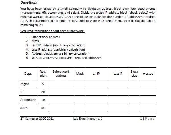 Questions
You have been asked by a small company to divide an address block over four departments
(management, HR, accounting, and sales). Divide the given IP address block (check below) with
minimal wastage of addresses. Check the following table for the number of addresses required
for each department; determine the best subblocks for each department, then fill out the table's
remaining fields.
Required information about each subnetwork:
1. Subnetwork address
2.
Mask
3. First IP address (use binary calculation)
4. Last IP address (use binary calculation)
5. Address block size (use binary calculation)
6. Wasted addresses (block size - required addresses)
Dept.
Mgmt.
HR
Req.
addr.
Sales
5
20
Accounting 10
33
Subnetwork
address
1st Semester 2020-2021
Mask
1st IP
Lab Experiment no. 1
Last IP
Block
size
wasted
1 | Page