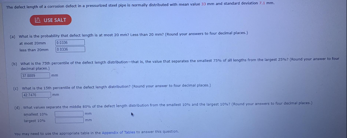 The defect length of a corrosion defect in a pressurized steel pipe is normally distributed with mean value 33 mm and standard deviation 7.1 mm.
USE SALT
(a) What is the probability that defect length is at most 20 mm? Less than 20 mm? (Round your answers to four decimal places.)
at most 20mm
0.0336
0.0336
less than 20mm
(b) What is the 75th percentile of the defect length distribution-that is, the value that separates the smallest 75% of all lengths from the largest 25%? (Round your answer to four
decimal places.)
37.8889
mm
(c) What is the 15th percentile of the defect length distribution? (Round your answer to four decimal places.).
42.7476
mm
(d) What values separate the middle 80% of the defect length distribution from the smallest 10% and the largest 10% ? (Round your answers to four decimal places.)
smallest 10%
largest 10%
mm
mm
You may need to use the appropriate table in the Appendix of Tables to answer this question.