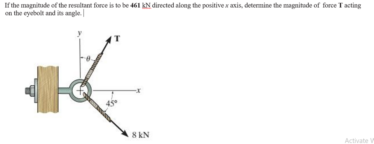 If the magnitude of the resultant force is to be 461 kN directed along the positive x axis, determine the magnitude of force T acting
on the eyebolt and its angle.
y
450
8 kN
Activate
