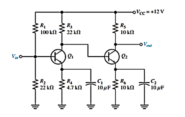 o'cc=+12 V
R3
22 kN
Rs
10 kN
100 k
o Vour
R2
22 kN
R1
4.7 kN
C,
10HF
10 kN
10 µF
