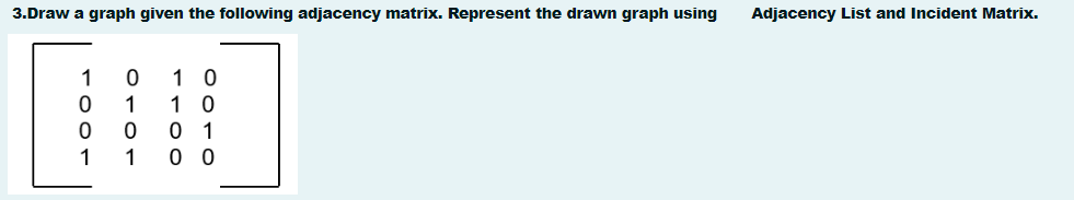 3.Draw a graph given the following adjacency matrix. Represent the drawn graph using
Adjacency List and Incident Matrix.
1
1 0
1
1 0
0 1
0 0
1
1001
