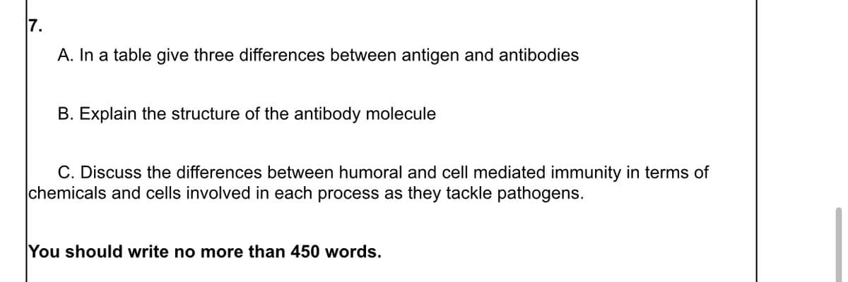 A. In a table give three differences between antigen and antibodies
B. Explain the structure of the antibody molecule
C. Discuss the differences between humoral and cell mediated immunity in terms of
chemicals and cells involved in each process as they tackle pathogens.
You should write no more than 450 words.