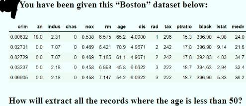 You have been given this "Boston" dataset below:
crim zn indus chas
dis rad
tax ptratio
black Istat medv
nox
rm
age
0.00632 18.0
2.31
0 0.538 6.575 65.2 4.0900
1 296
15.3 396.90 4.98
24.0
0.02731
0.0
7.07
0 0.469 6.421 78.9 4.9671
2 242
17.8 396.90 9.14
21.6
0.02729
0.0
7.07
0 0.469 7.185 61.1 4.9671
2 242
17.8 392.83 4.03
34.7
0.03237
0.0
2.18
0 0.458 6.998 45.8 6.0622
3 222
19.7 394.63 2.94
33.4
0.06905
0.0
2.18
0 0.458 7.147 54.2 6.0622
3 222
18.7 396.90 5.33
36.2
How will extract all the records where the age is less than 50?
