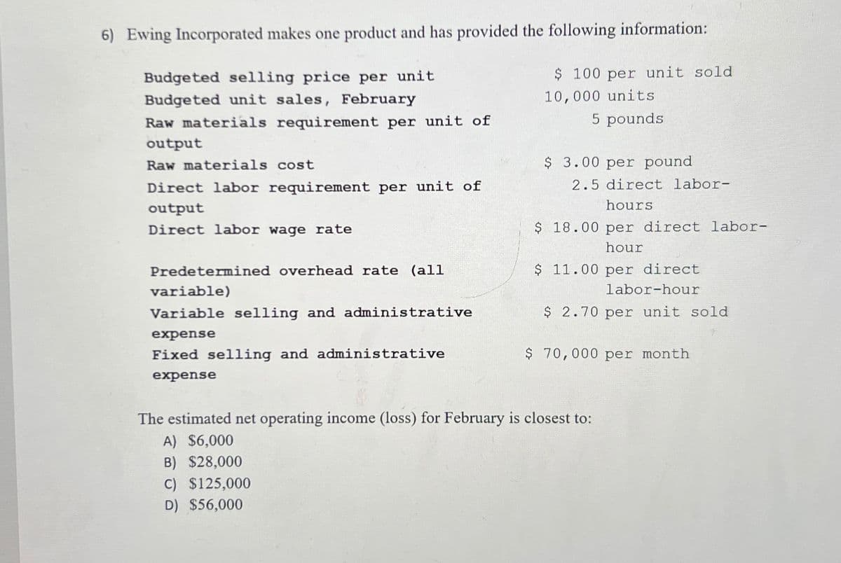 6) Ewing Incorporated makes one product and has provided the following information:
Budgeted selling price per unit.
Budgeted unit sales, February
Raw materials requirement per unit of
output
Raw materials cost
Direct labor requirement per unit of
output
Direct labor wage rate
Predetermined overhead rate (all
variable)
Variable selling and administrative
expense
Fixed selling and administrative
expense
$ 100 per unit sold
10,000 units
5 pounds
$ 3.00 per pound
2.5 direct labor-
hours
$ 18.00 per direct labor-
hour
$ 11.00 per direct
labor-hour
$ 2.70 per unit sold
$ 70,000 per month
The estimated net operating income (loss) for February is closest to:
A) $6,000
B) $28,000
c) $125,000
D) $56,000