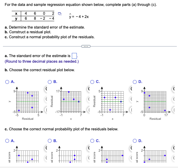 For the data and sample regression equation shown below, complete parts (a) through (c).
4 6
0
ŷ= −4+2x
6 8 -2 - 4
X
y
a. Determine the standard error of the estimate.
b. Construct a residual plot.
c. Construct a normal probability plot of the residuals.
a. The standard error of the estimate is
(Round to three decimal places as needed.)
b. Choose the correct residual plot below.
A.
2 D
1111
Residual
O A.
B.
17-
-17-
c. Choose the correct normal probability plot of the residuals below.
-1
B.
Residual
17