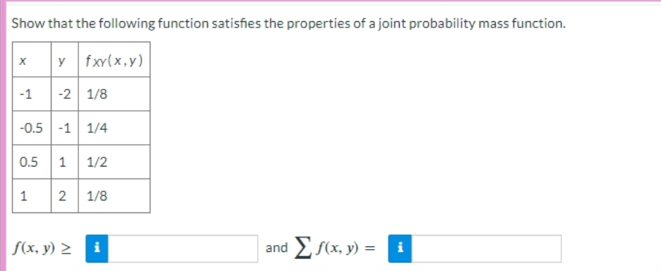 Show that the following function satisfies the properties of a joint probability mass function.
X
-1
y fxy(x,y)
-2 1/8
-0.5 -1 1/4
1
0.5 1 1/2
2 1/8
f(x, y) >
i
and Σ f(x, y) =
i