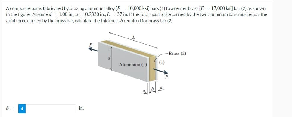 A composite bar is fabricated by brazing aluminum alloy [E = 10,000 ksi] bars (1) to a center brass [E = 17,000 ksi] bar (2) as shown
in the figure. Assume d = 1.00 in., a = 0.2330 in., L = 37 in. If the total axial force carried by the two aluminum bars must equal the
axial force carried by the brass bar, calculate the thickness b required for brass bar (2).
b = i
in.
L
Aluminum (1)
(1)
عالمالو
Brass (2)