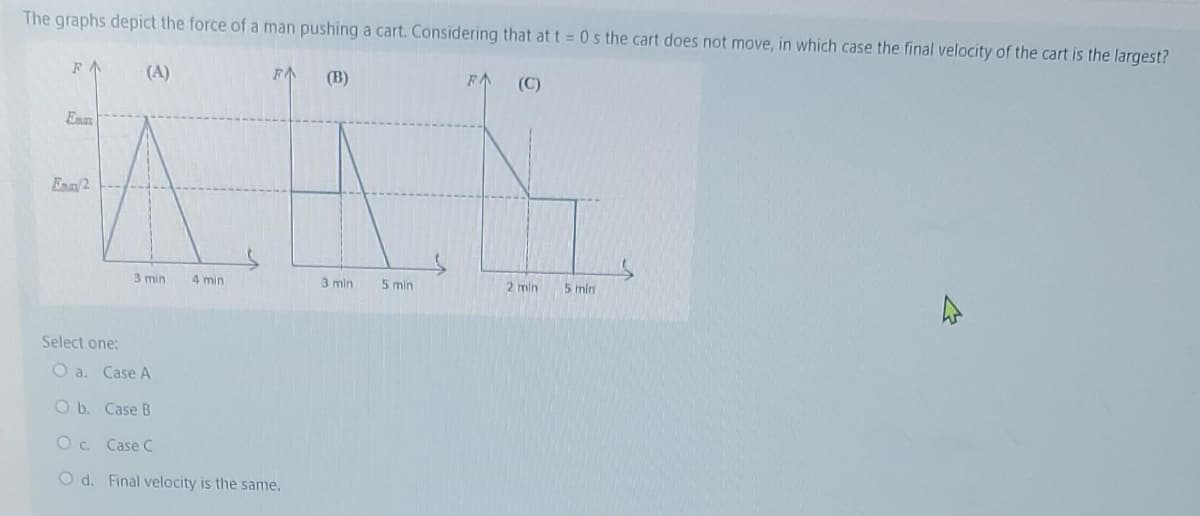 The graphs depict the force of a man pushing a cart. Considering that at t = 0 s the cart does not move, in which case the final velocity of the cart is the largest?
FA
(A)
FA
(B)
FA
(C)
Emar
Enn/2
3 min
4 min
3 min
5 min
5 min
2 min
Select one:
O a. Case A
Ob. Case B
Oc Case C
O d. Final velocity is the same.
