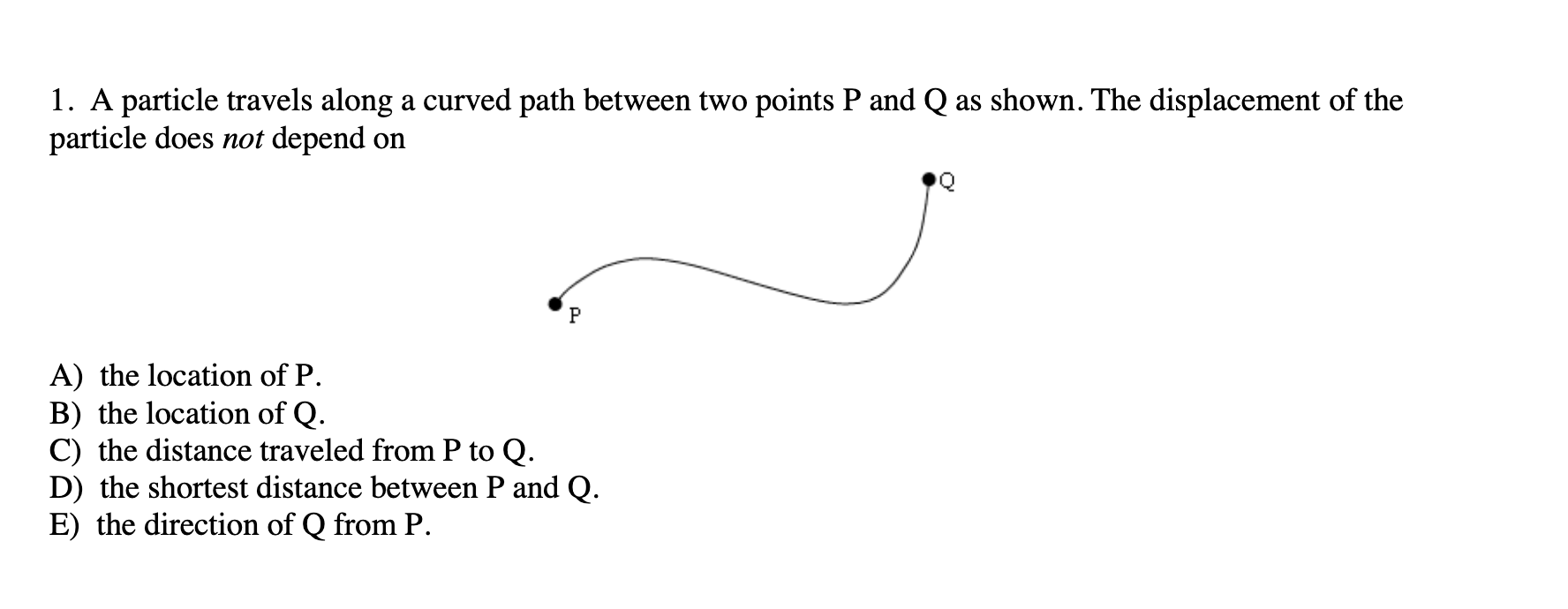 1. A particle travels along a curved path between two points P and Q as shown. The displacement of the
particle does not depend on
A) the location of P.
B) the location of Q.
C) the distance traveled from P to Q.
D) the shortest distance between P and Q.
E) the direction of Q from P.
