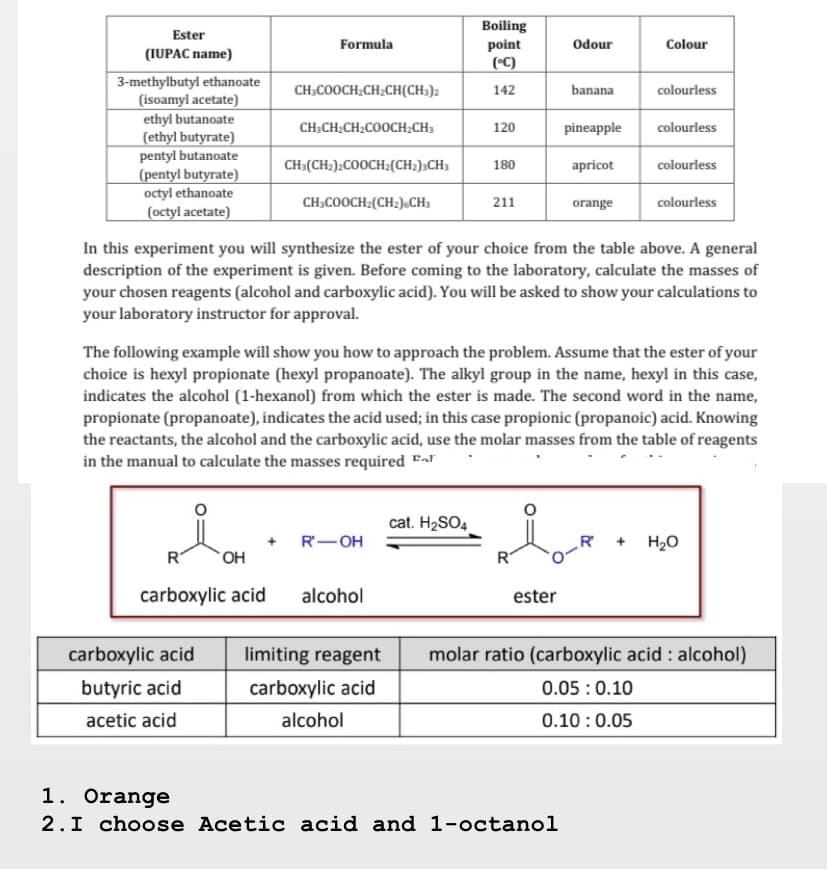 Ester
(IUPAC name)
3-methylbutyl ethanoate
(isoamyl acetate)
ethyl butanoate
(ethyl butyrate)
pentyl butanoate
(pentyl butyrate)
octyl ethanoate
(octyl acetate)
R
Formula
OH
carboxylic acid
CH3COOCH₂CH₂CH(CH3)2
carboxylic acid
butyric acid
acetic acid
CH3CH₂CH₂COOCH₂CH3
CH3(CH₂)2COOCH₂(CH₂)3CH3
CH3COOCH₂(CH₂)<CH₂
+ R-OH
alcohol
Boiling
point
(°C)
142
limiting reagent
carboxylic acid
alcohol
120
cat. H₂SO4
180
211
In this experiment you will synthesize the ester of your choice from the table above. A general
description of the experiment is given. Before coming to the laboratory, calculate the masses of
your chosen reagents (alcohol and carboxylic acid). You will be asked to show your calculations to
your laboratory instructor for approval.
The following example will show you how to approach the problem. Assume that the ester of your
choice is hexyl propionate (hexyl propanoate). The alkyl group in the name, hexyl in this case,
indicates the alcohol (1-hexanol) from which the ester is made. The second word in the name,
propionate (propanoate), indicates the acid used; in this case propionic (propanoic) acid. Knowing
the reactants, the alcohol and the carboxylic acid, use the molar masses from the table of reagents
in the manual to calculate the masses required Far
R
Odour
ester
banana
pineapple
apricot
orange
1. Orange
2. I choose Acetic acid and 1-octanol
Colour
colourless
colourless
0.100.05
colourless
colourless
+ H₂O
molar ratio (carboxylic acid: alcohol)
0.05 0.10