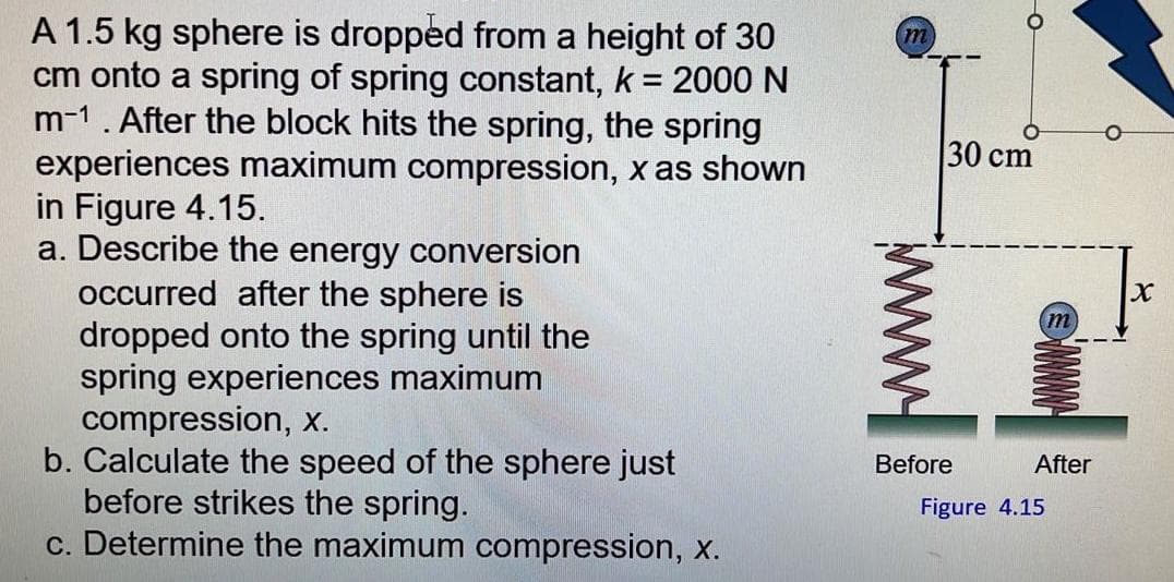 A 1.5 kg sphere is dropped from a height of 30
cm onto a spring of spring constant, k = 2000N
m-1. After the block hits the spring, the spring
experiences maximum compression, x as shown
in Figure 4.15.
a. Describe the energy conversion
occurred after the sphere is
dropped onto the spring until the
spring experiences maximum
compression, x.
b. Calculate the speed of the sphere just
before strikes the spring.
c. Determine the maximum compression, x.
30 cm
Before
After
Figure 4.15
