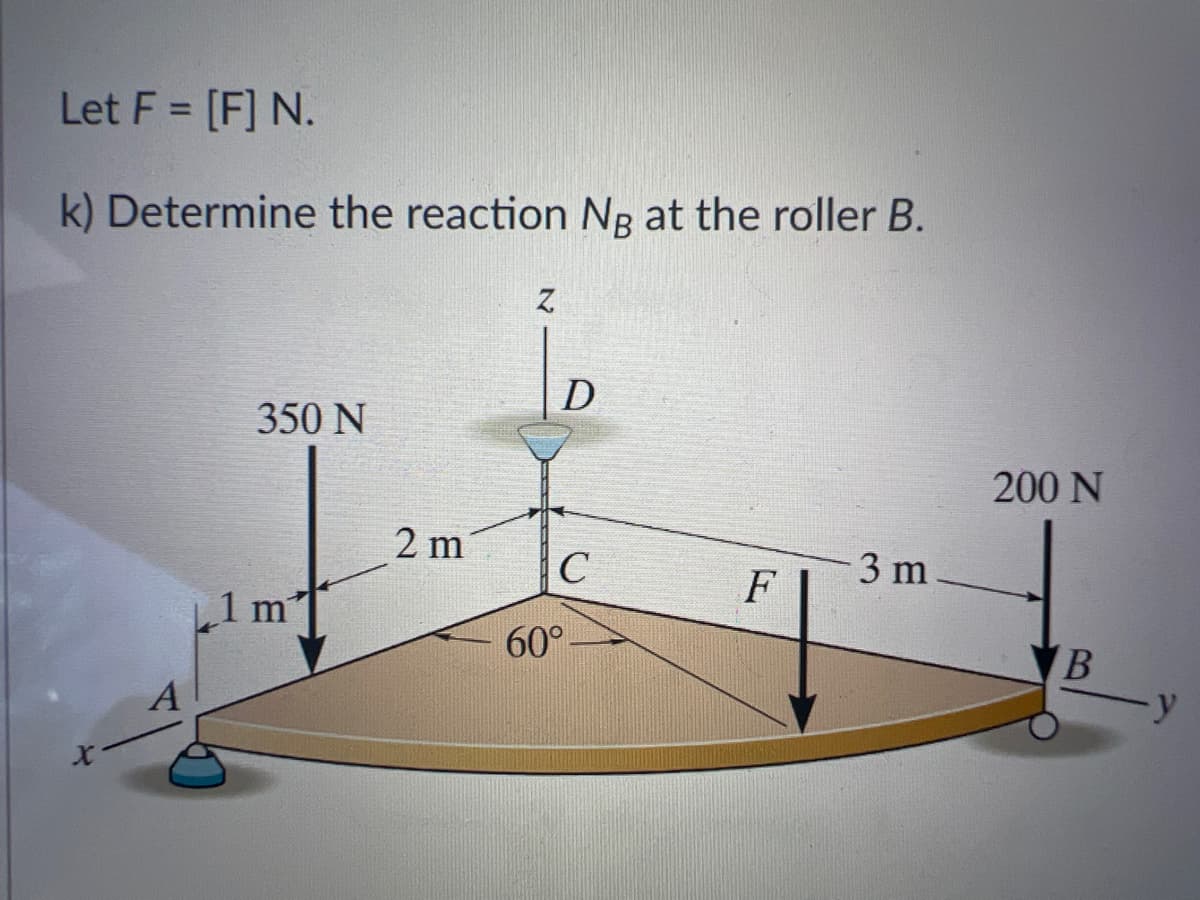 Let F = [F] N.
k) Determine the reaction Ng at the roller B.
A
350 N
1 m*
2 m
Z
D
C
60°
F
3 m
200 N
B
-y