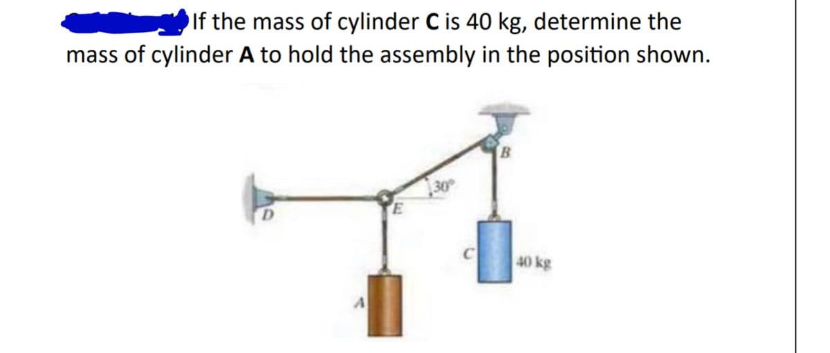 If the mass of cylinder C is 40 kg, determine the
mass of cylinder A to hold the assembly in the position shown.
30°
40 kg