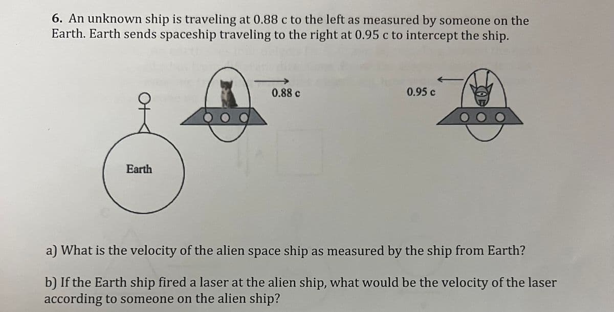 6. An unknown ship is traveling at 0.88 c to the left as measured by someone on the
Earth. Earth sends spaceship traveling to the right at 0.95 c to intercept the ship.
Ot
Earth
0.88 c
0.95 c
a) What is the velocity of the alien space ship as measured by the ship from Earth?
b) If the Earth ship fired a laser at the alien ship, what would be the velocity of the laser
according to someone on the alien ship?