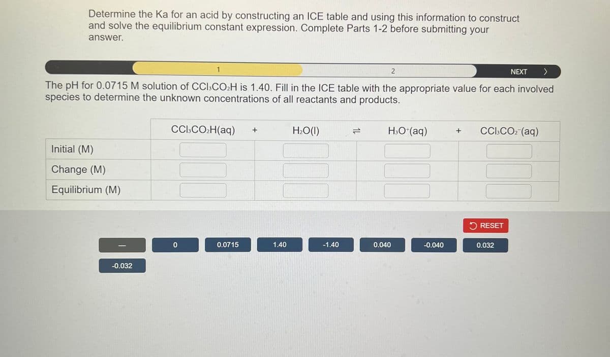 Determine the Ka for an acid by constructing an ICE table and using this information to construct
and solve the equilibrium constant expression. Complete Parts 1-2 before submitting your
answer.
NEXT >
The pH for 0.0715 M solution of CCI3CO₂H is 1.40. Fill in the ICE table with the appropriate value for each involved
species to determine the unknown concentrations of all reactants and products.
Initial (M)
Change (M)
Equilibrium (M)
-0.032
CCI3CO₂H(aq)
0
077
0.0715
+
1.40
H₂O(l)
T
-1.40
14
2
H3O+ (aq)
100
0.040
-0.040
+
CCI3CO₂ (aq)
1
RESET
0.032