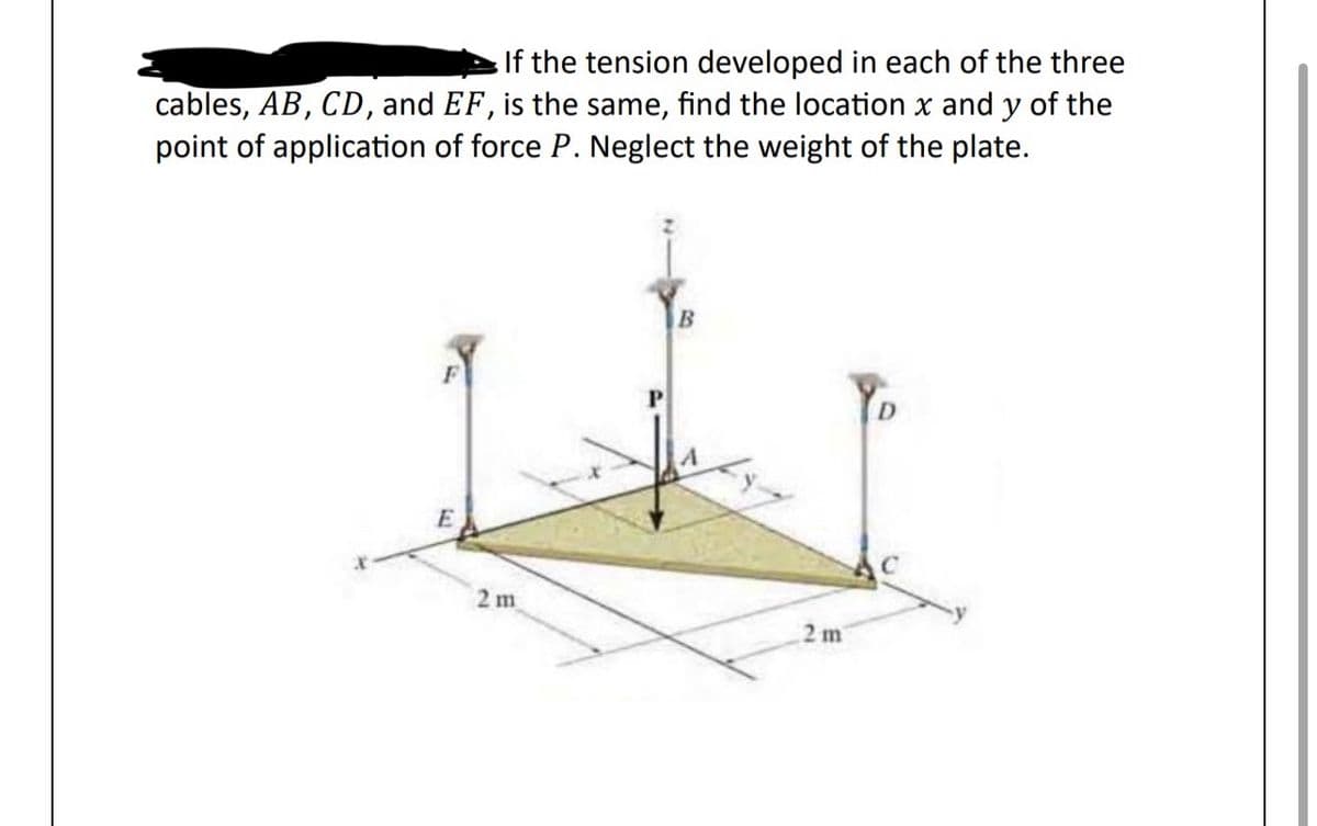 If the tension developed in each of the three
cables, AB, CD, and EF, is the same, find the location x and y of the
point of application of force P. Neglect the weight of the plate.
E
2m
P
B
2 m