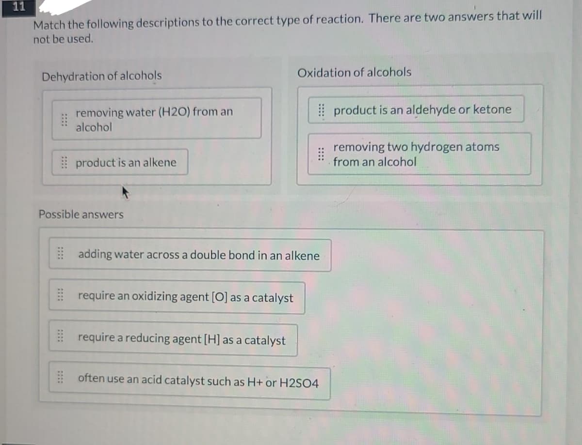 11
Match the following descriptions to the correct type of reaction. There are two answers that will
not be used.
Oxidation of alcohols
Dehydration of alcohols
! product is an aldehyde or ketone
removing water (H2O) from an
alcohol
removing two hydrogen atoms
from an alcohol
product is an alkene
Possible answers
E adding water across a double bond in an alkene
E require an oxidizing agent [O] as a catalyst
require a reducing agent [H] as a catalyst
often use an acid catalyst such as H+ or H2SO4
