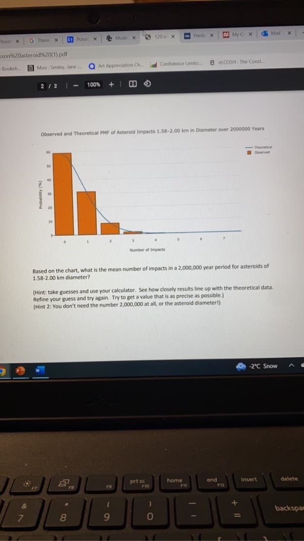 Poiss X
sson%20asteroid%20(1).pdf
Booksh....
&
G There x ST Poisso X
7
Moo: Smiley, Jane... Q Art Appreciation Ch...
2/2 |
Probability (%)
50
100% +
1
2
8
Observed and Theoretical PMF of Asteroid Impacts 1.58-2.00 km in Diameter over 2000000 Years
F8
★
Mode x
2
F9
(
9
1
13
3
S
Based on the chart, what is the mean number of impacts in a 2,000,000 year period for asteroids of
1.58-2.00 km diameter?
120 w X
14
Number of Impacts
(Hint: take guesses and use your calculator. See how closely results line up with the theoretical data.
Refine your guess and try again. Try to get a value that is as precise as possible.)
(Hint 2: You don't need the number 2,000,000 at all, or the asteroid diameter!)
prt sc
F10
)
0
Confidence Limits.... e eLCOSH: The Const...
S
V
Predi X
home
F11
My Cx
end
F12
EU
Theoretical
Observed
+
Mail
-2°C Snow
insert
X
delete
G
backspac