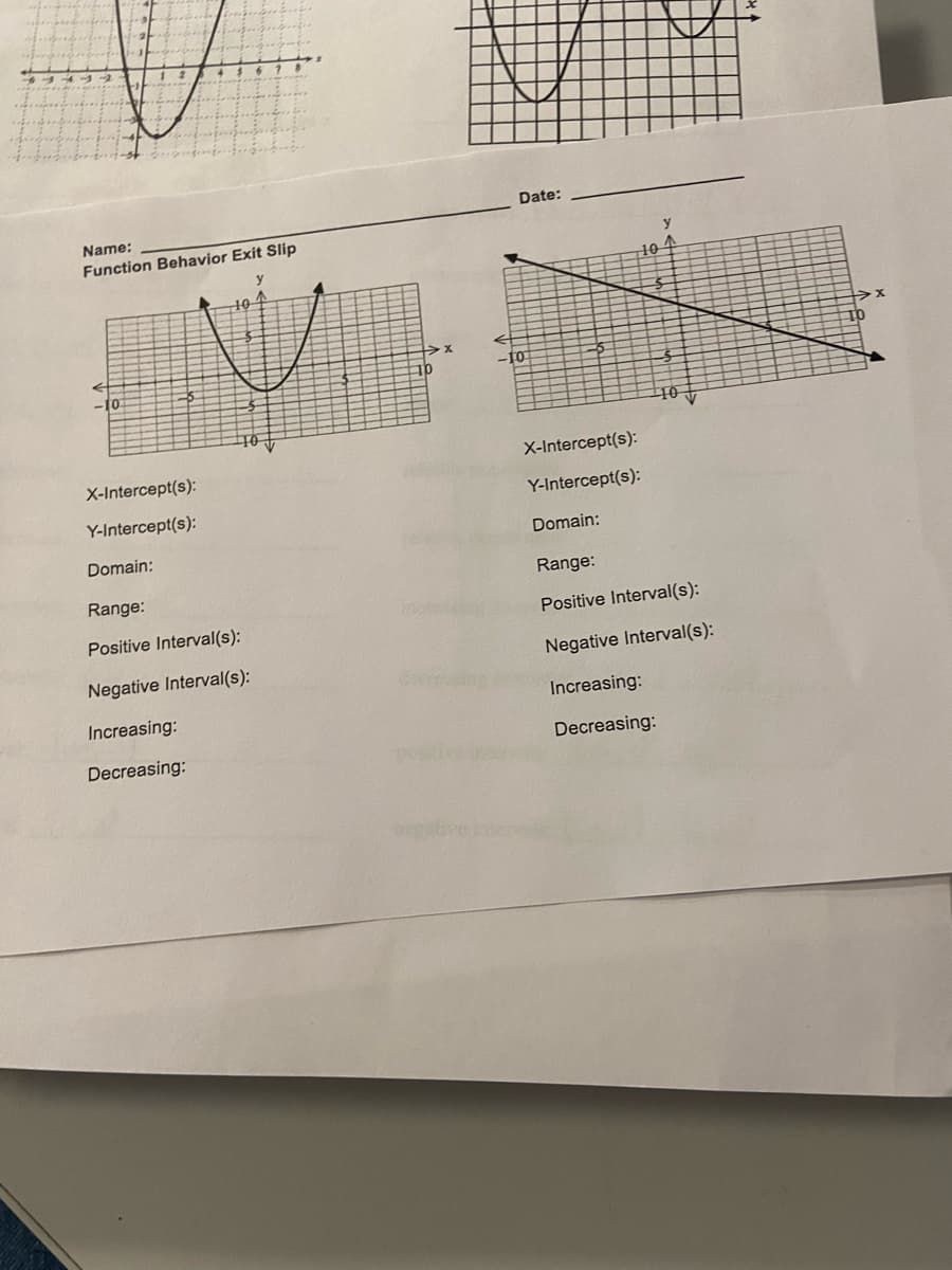 Date:
Name:
Function Behavior Exit Slip
X-Intercept(s):
X-Intercept(s):
Y-Intercept(s):
Y-Intercept(s):
Domain:
Domain:
Range:
Range:
Positive Interval(s):
Positive Interval(s):
Negative Interval(s):
Negative Interval(s):
Increasing:
Increasing:
Decreasing:
Decreasing:
