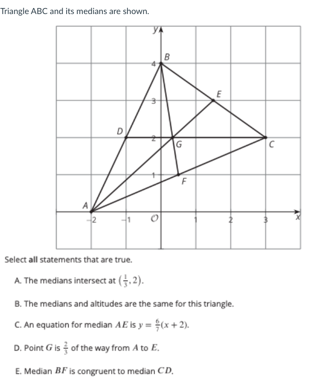 Triangle ABC and its medians are shown.
D
G
A
2
Select all statements that are true.
A. The medians intersect at (. 2).
B. The medians and altitudes are the same for this triangle.
C. An equation for median AE is y = (x + 2).
D. Point G is of the way from A to E.
E. Median BF is congruent to median CD.
%24
두
