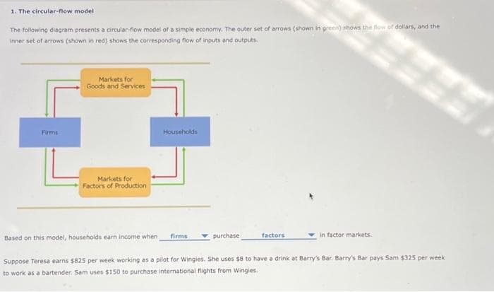 1. The circular-flow model
The following diagram presents a circular-flow model of a simple economy. The outer set of arrows (shown in green) shows the flow of dollars, and the
inner set of arrows (shown in red) shows the corresponding flow of inputs and outputs.
Firms
Markets for
Goods and Services
Markets for
Factors of Production
Based on this model, households earn income when
Households
firms
purchase
factors
in factor markets.
Suppose Teresa earns $825 per week working as a pilot for Wingies. She uses $8 to have a drink at Barry's Bar. Barry's Bar pays Sam $325 per week
to work as a bartender. Sam uses $150 to purchase international flights from Wingies.