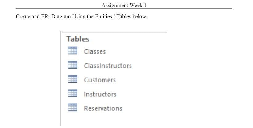 Assignment Week 1
Create and ER- Diagram Using the Entities / Tables below:
Tables
Classes
Classinstructors
Customers
Instructors
Reservations