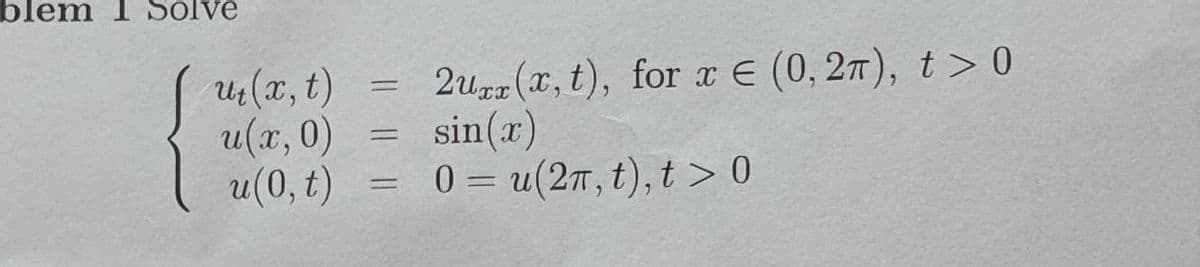 blem I Solve
u₁(x, t)
u(x, 0)
u(0, t)
=
=
=
2uxx (x, t), for x = (0,2π), t> 0
sin(x)
0= u(2π, t), t > 0