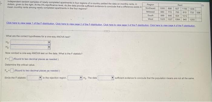 Independent random samples of newly completed apartments in four regions of a country yielded the data on monthly rents, in
dollars, given to the right. At the 5% significance level, do the data provide sufficient evidence to conclude that a difference exists in
mean monthly rents among newly completed apartments in the four regions?
Rent
927 1156 1208
1000898
880 772 700 810 733 508
889 646 824 1012
1025 1027 1084 940 1255
Click here to view page 1 of the F-distribution. Click here to view page 2 of the F-distribution, Click here to view page 3 of the F-distribution. Click here to view page 4 of the F-distribution
What are the correct hypotheses for a one-way ANOVA test?
H₂
H₂:
Now conduct a one-way ANOVA test on the data. What is the F-statistic?
F=(Round to two decimal places as needed.)
Determine the critical value.
Fa- (Round to two decimal places as needed.)
Since the F-statistic
in the rejection region,
Ho. The data
Region
Northeast
Midwest
South
West
sufficient evidence to conclude that the population means are not all the same
O