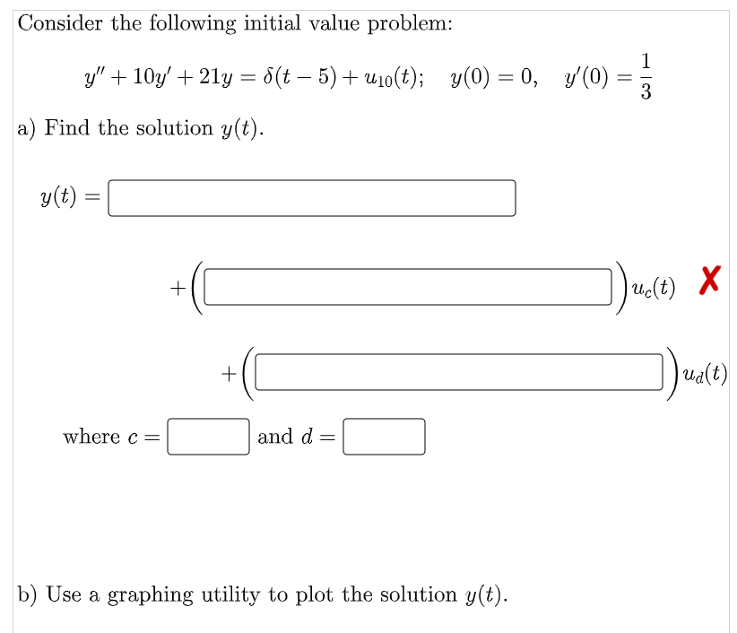 Consider the following initial value problem:
y" + 10y' + 21y = 8(t — 5) + u₁0(t); y(0) = 0, y'(0) =
=
a) Find the solution y(t).
y(t)
=
where c =
+
+
and d =
b) Use a graphing utility to plot the solution y(t).
13
3
uc(t) X
Jua(t)