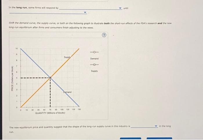 In the long run, some firms will respond by
Shift the demand curve, the supply curve, or both on the following graph to illustrate both the short-run effects of the FDA's research and the new
long-run equilibrium after firms and consumers finish adjusting to the news.
PRICE (Dollars per block)
2
1
0
0
15
Supply
Demand
30 45 60 75 90 105 120 135 150
QUANTITY (Millions of blocks)
O
Demand
1
until
Supply
The new equilibrium price and quantity suggest that the shape of the long-run supply curve in this industry is
run.
the long