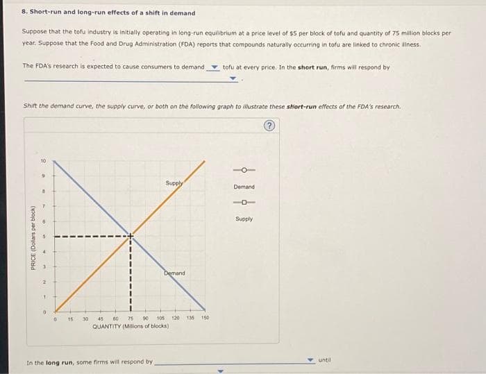 8. Short-run and long-run effects of a shift in demand
Suppose that the tofu industry is initially operating in long-run equilibrium at a price level of $5 per block of tofu and quantity of 75 million blocks per
year. Suppose that the Food and Drug Administration (FDA) reports that compounds naturally occurring in tofu are linked to chronic illness.
The FDA's research is expected to cause consumers to demand tofu at every price. In the short run, firms will respond by
Shift the demand curve, the supply curve, or both on the following graph to illustrate these short-run effects of the FDA's research.
PRICE (Dollars per block)
10
9
B
2
1
0
0
15
Supply
In the long run, some firms will respond by
Demand
30 45 60 75 90 105 120 135 150
QUANTITY (Millions of blocks)
Demand
1
Supply
until