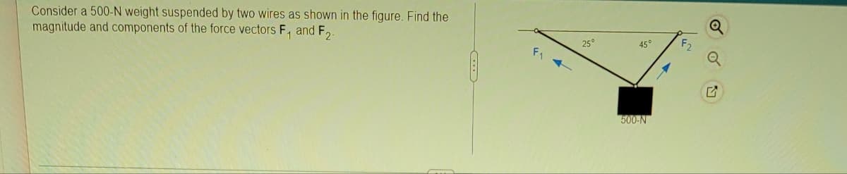 Consider a 500-N weight suspended by two wires as shown in the figure. Find the
magnitude and components of the force vectors F, and F₂.
25°
45°
500-N
F₂
Q