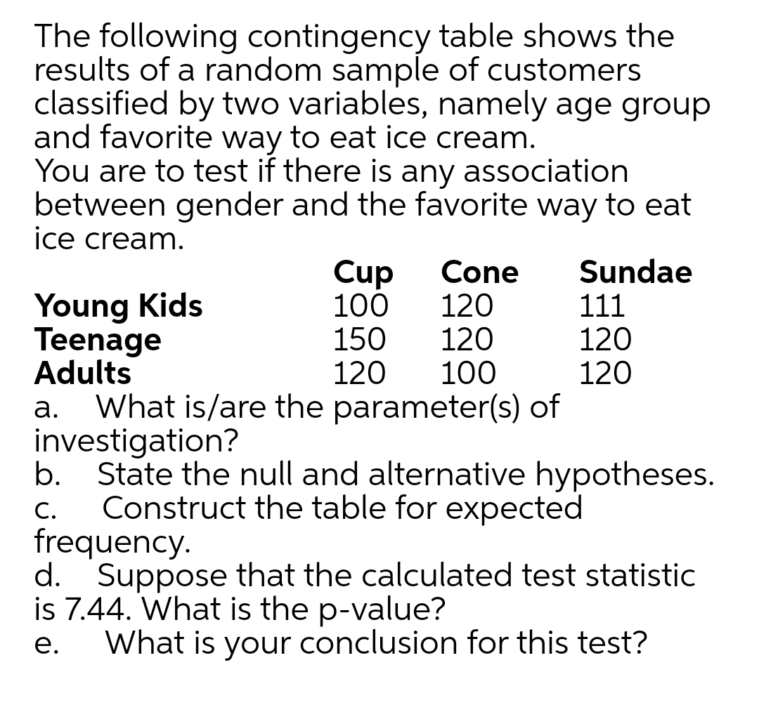 The following contingency table shows the
results of a random sample of customers
classified by two variables, namely age group
and favorite way to eat ice cream.
You are to test if there is any association
between gender and the favorite way to eat
ice cream.
Cup
100
150
120
Cone
120
120
100
Sundae
111
120
120
Young Kids
Teenage
Adults
What is/are the parameter(s) of
investigation?
b. State the null and alternative hypotheses.
Construct the table for expected
frequency.
d. Suppose that the calculated test statistic
is 7.44. What is the p-value?
What is your conclusion for this test?
а.
С.
е.
