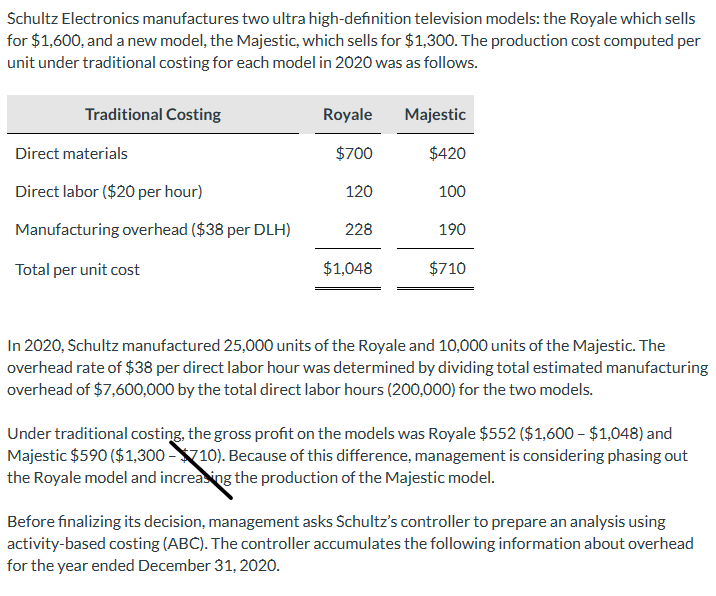 Schultz Electronics manufactures two ultra high-definition television models: the Royale which sells
for $1,600, and a new model, the Majestic, which sells for $1,300. The production cost computed per
unit under traditional costing for each model in 2020 was as follows.
Traditional Costing
Direct materials
Direct labor ($20 per hour)
Manufacturing overhead ($38 per DLH)
Total per unit cost
Royale
$700
120
228
$1,048
Majestic
$420
100
190
$710
In 2020, Schultz manufactured 25,000 units of the Royale and 10,000 units of the Majestic. The
overhead rate of $38 per direct labor hour was determined by dividing total estimated manufacturing
overhead of $7,600,000 by the total direct labor hours (200,000) for the two models.
Under traditional costing, the gross profit on the models was Royale $552 ($1,600 - $1,048) and
Majestic $590 ($1,300-10). Because of this difference, management is considering phasing out
the Royale model and increasing the production of the Majestic model.
Before finalizing its decision, management asks Schultz's controller to prepare an analysis using
activity-based costing (ABC). The controller accumulates the following information about overhead
for the year ended December 31, 2020.