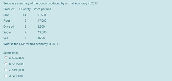 Below is a summary of the goods produced by a small economy in 2017:
Product
Quantity Price per unit
Rice
$3
13,500
Flour
17,000
Olive oil
5
2,500
Sugar
4
19,000
Salt
2
16,500
What is the GDP for this economy in 2017?
Select one:
O a. $262,000
O b. $175,000
O c. $196,000
O d. $233,800
