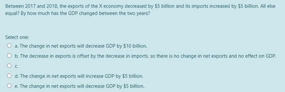 Between 2017 and 2018, the exports of the X economy decreased by $5 billion and its imports increased by $5 billion. All else
equal? By how much has the GDP changed between the two years?
Select one:
O a. The change in net exports will decrease GDP by $10 billion.
O b. The decrease in exports is offset by the decrease in imports, so there is no change in net exports and no effect on GDP.
Oc.
O d. The change in net exports will increase GDP by $5 billion.
e. The change in net exports will decrease GDP by $5 billion.
