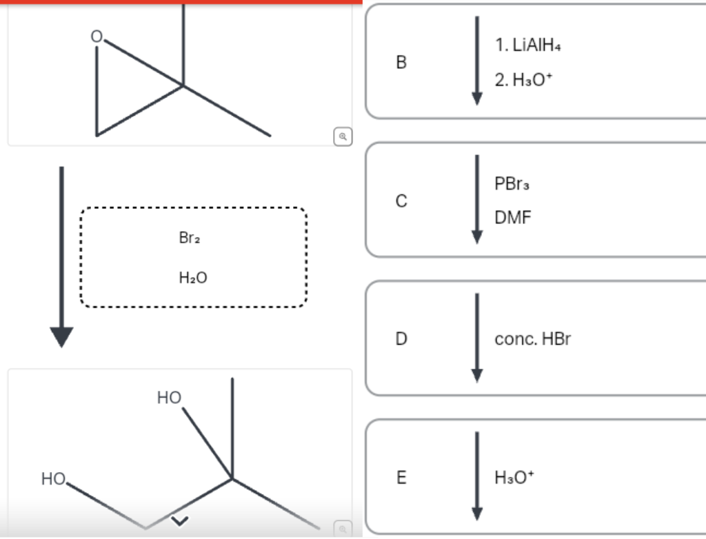 но.
Br₂
H₂O
HO
o
B
1. LIAIH4
2. H3O+
PBr3
DMF
conc. HBr
H3O+