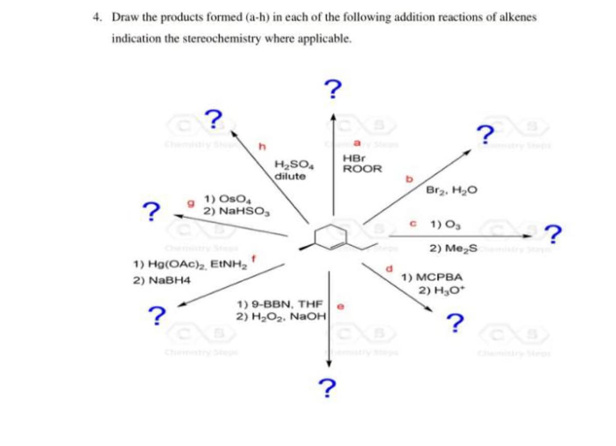 4. Draw the products formed (a-h) in each of the following addition reactions of alkenes
indication the stereochemistry where applicable.
?
Chemisy Ste
H2SO,
dilute
HBr
ROOR
Br2, H20
1) OsO
2) NaHSO,
1) O3
Chemistry Ste
2) Me,s
1) Hg(OAc)2, EtNH,
2) NaBH4
1) МСРВА
2) H3O*
1) 9-BBN, THF
2) H2O2, NaOH
?
Chemstry Ste
emistry s
cemisiry Stos
