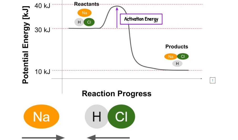 40 kJ
Reactants
Na
Activation Energy
CI
30 kJ
Products
Na
CI
H
10 kJ
Reaction Progress
Na
H CI
Potential Energy [kJ]
