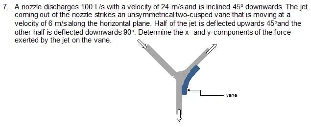 7. A nozzle discharges 100 L/s with a velocity of 24 m/s and is inclined 45° downwards. The jet
coming out of the nozzle strikes an unsymmetrical two-cusped vane that is moving at a
velocity of 6 m/s along the horizontal plane. Half of the jet is deflected upwards 45°and the
other half is deflected downwards 90°. Determine the x- and y-components of the force
exerted by the jet on the vane.
vane
