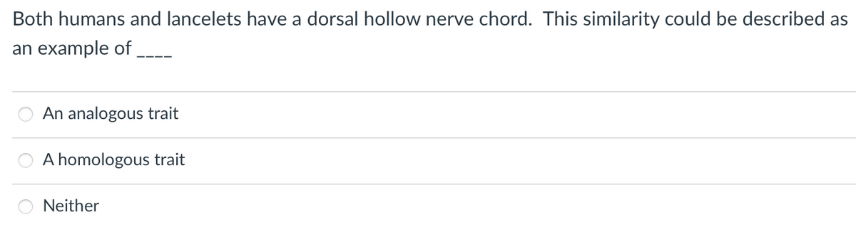 Both humans and lancelets have a dorsal hollow nerve chord. This similarity could be described as
an example of
An analogous trait
A homologous trait
Neither
