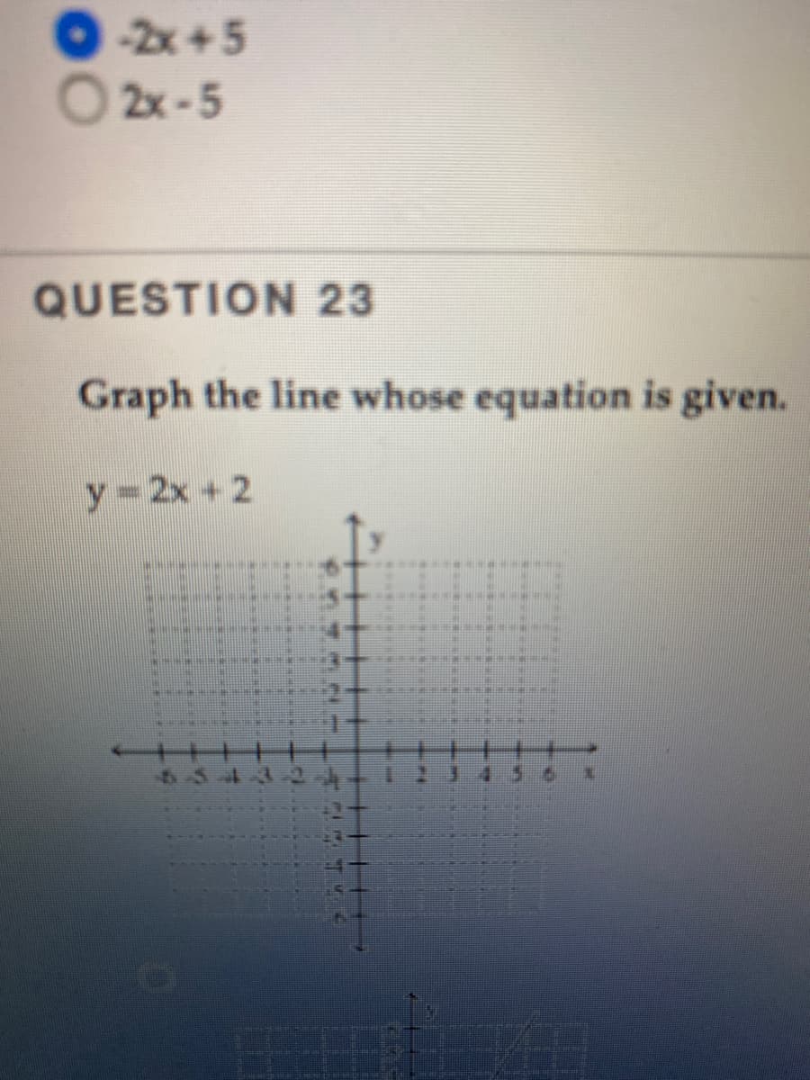 -2x +5
O 2x-5
QUESTION 23
Graph the line whose equation is given.
y 2x + 2
324
